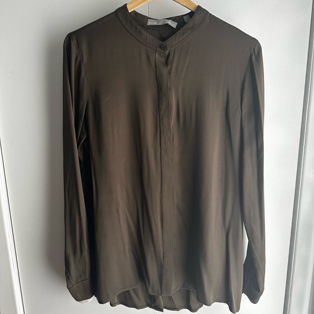 Vince Silk Band Collar Button Blouse with Split Back
